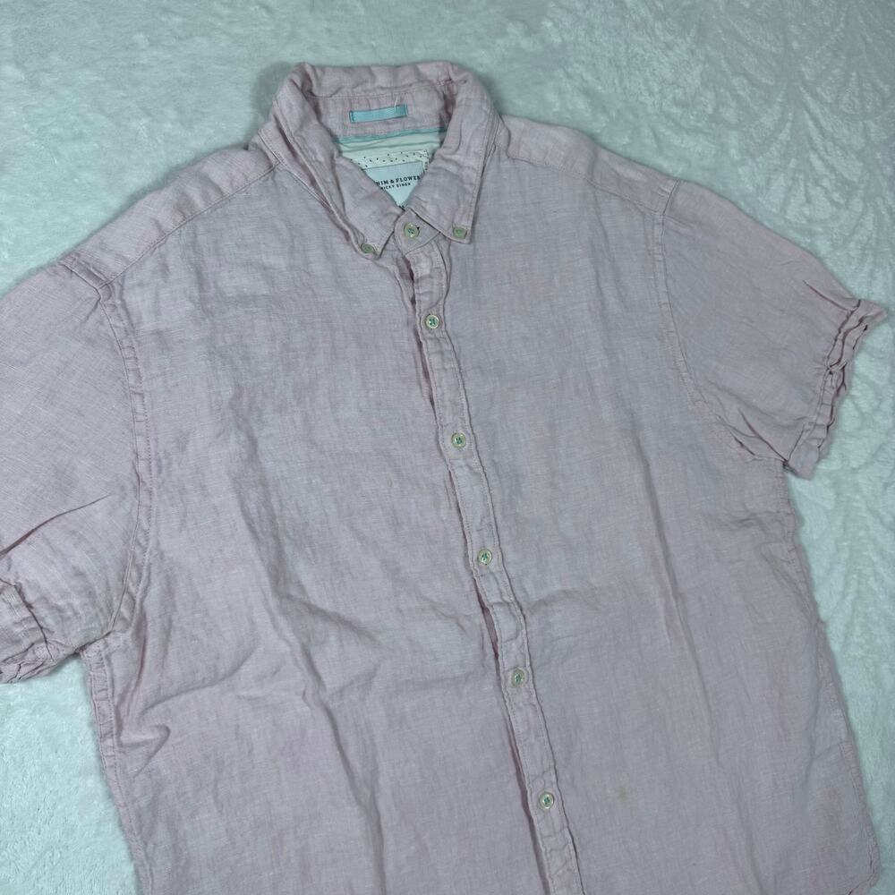 Denim & Flower 100%‎ Linen Men's Large Pink Button Down Short Sleeve Shirt